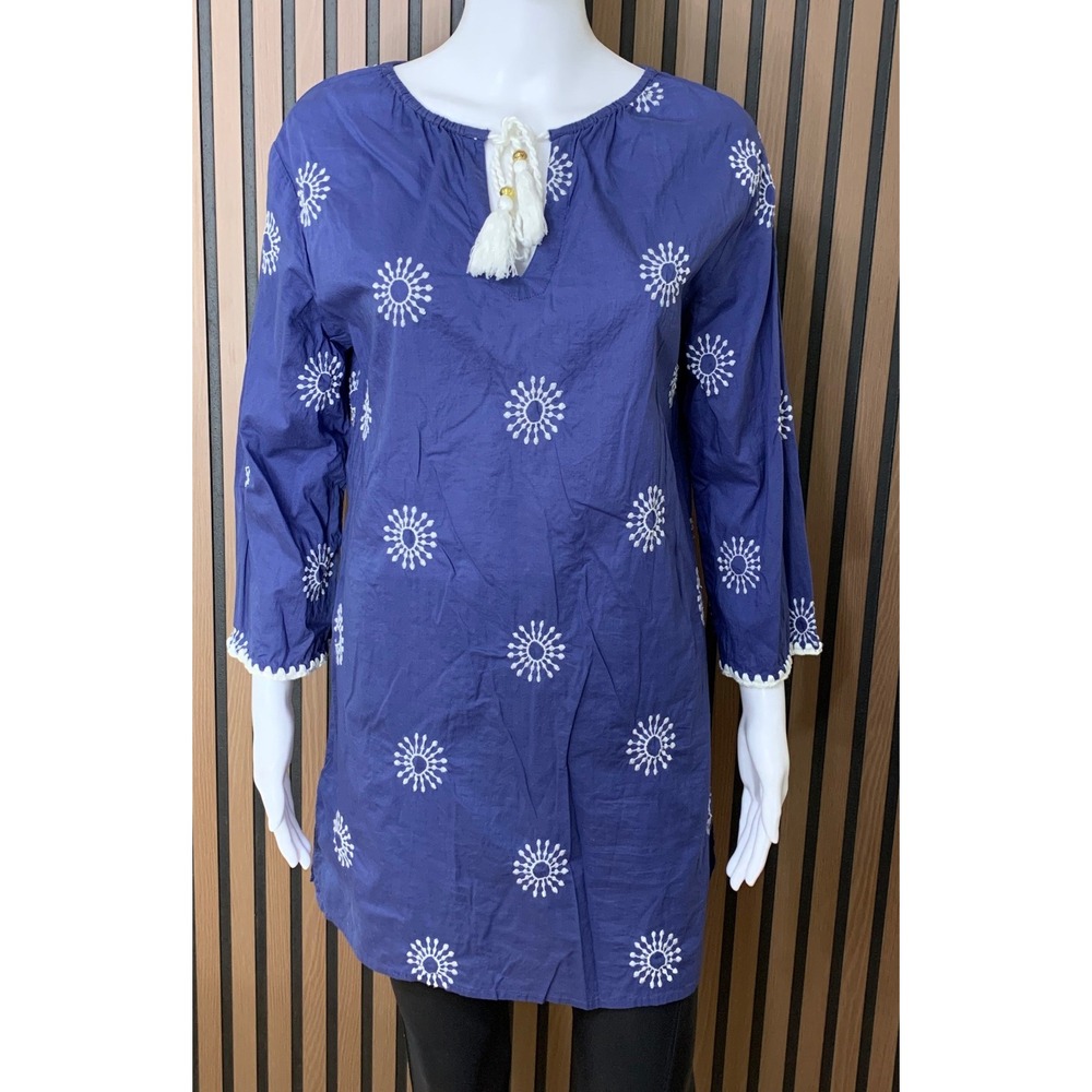 Tara Michelle Blue Cotton Embroidered Tassel Tunic Top Sunburst Boho Medium